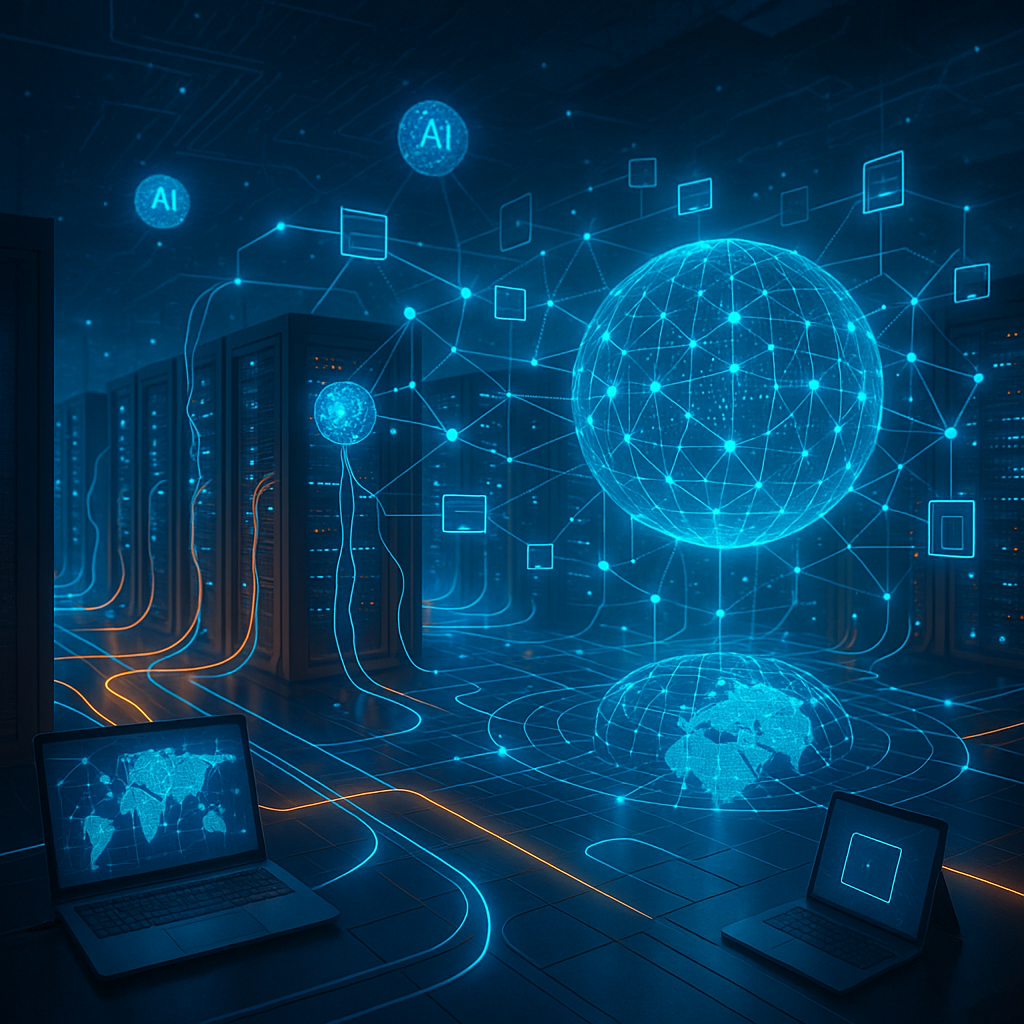 A futuristic data center with glowing network cables