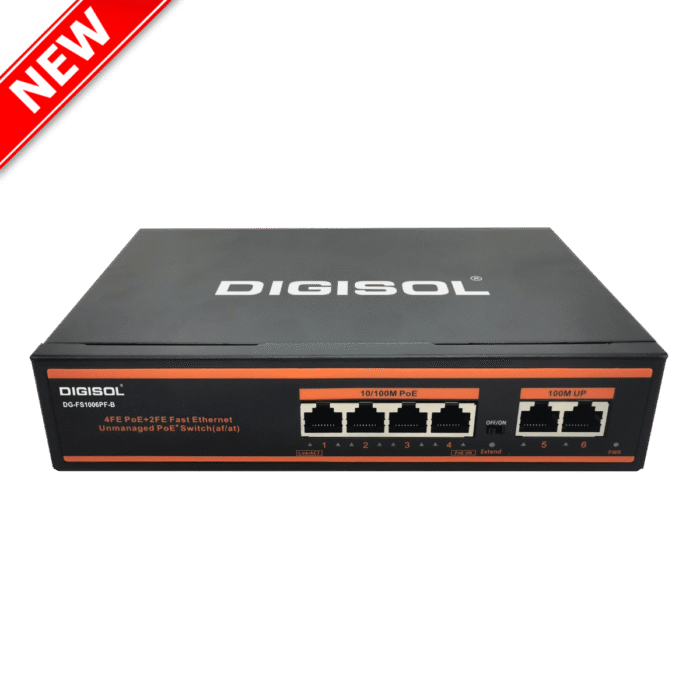 DIGISOL 4 Port PoE Fast Ethernet Unmanaged Switch with 2 Uplink Ports – DG-FS1006PF-B - Image 1